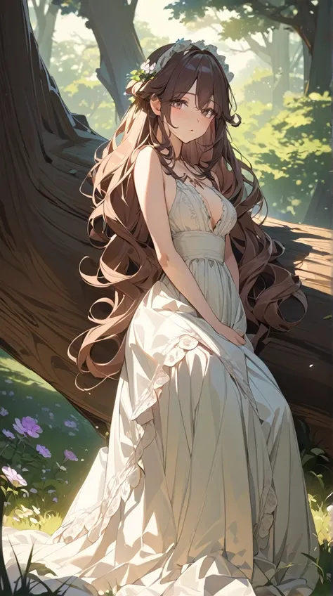 One Girl、 gentle expression、Soft Eyes、 long curly hair 、 Victorian Style Dress、 relaxing under a big tree during the day、Medium Breast、 attitude to enjoy nature 、  
   break、  
   Twilight Light、(Soft Light:1.2)、Warm shades、Gentle Shadows、Peaceful atmosphe...