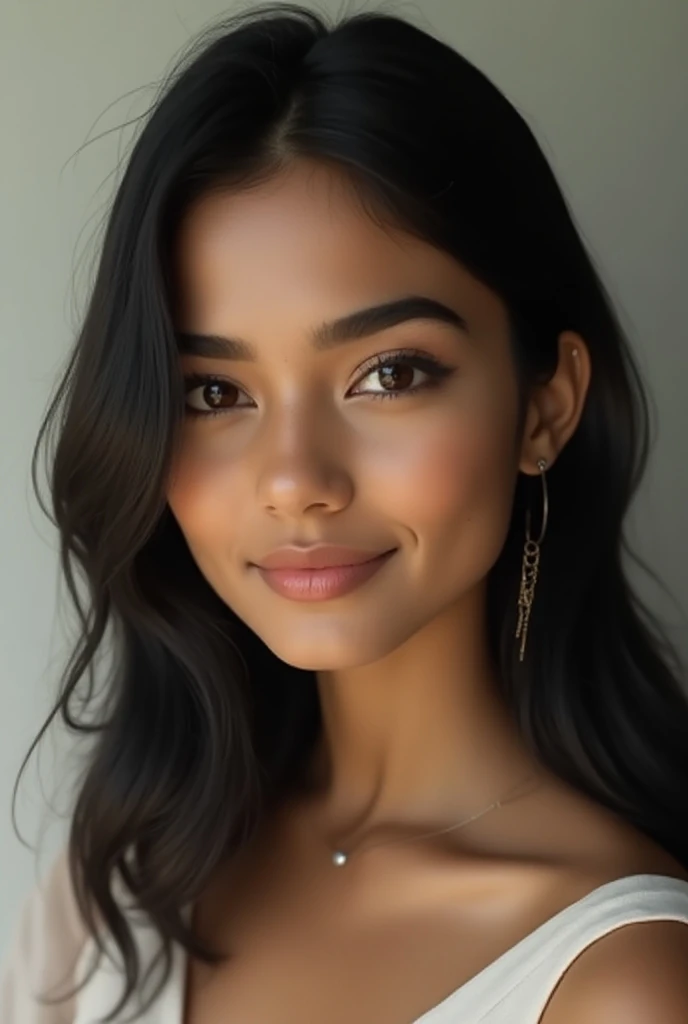 "A realistic young stylish and beautiful Indian girl age 25 years old with medium-length straight black hair and a pure white skin tone. Her eyes are almond-shaped and dark brown, framed by thick, well-defined eyebrows. She has high cheekbones and a slende...