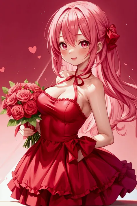 A lively pink hair anime girl dressed in a red one-piece, red big ribbon, holding a bouquet. holds an air of joy and joy under her skin,