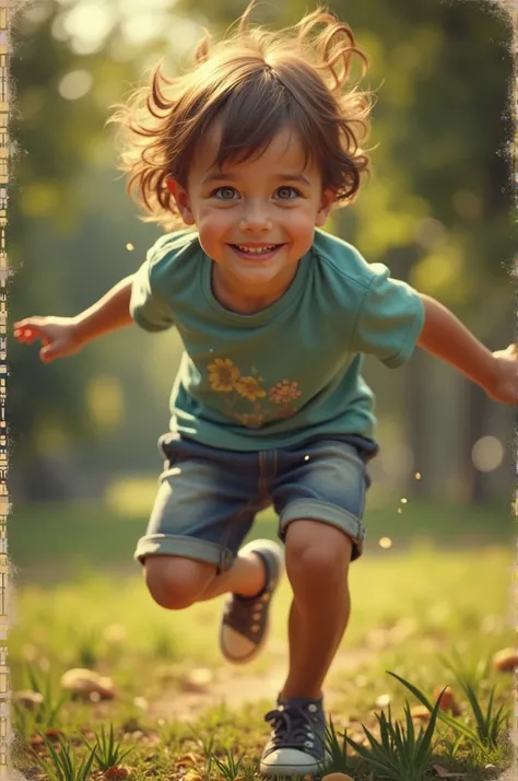 "A very clear Ultra hd dynamic image prompt of""Her son, once full of life, was now just a memory."

Prompt: A flashback image of a joyful young boy playing outside, full of life and energy, contrasted with a present-day scene showing an old, faded photogr...