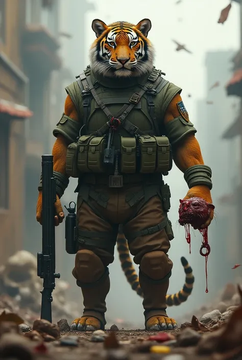 The entire scene hyperrealism in 3D personification of the surrealist tiger  、Tiger head and human body、 Tiger standing on two legs in tactical uniform with rifle in his left hand and with his right hand holding the head of a dead rat with blood flowing th...