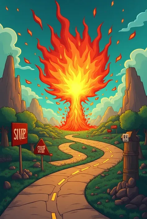 The whole picture is a cartoon ， and a fireball floats at the starting point of the road，There are several roads ahead ， and eventually all of these routes will eventually lead to the same end point， where the end point is an exploding bomb 
