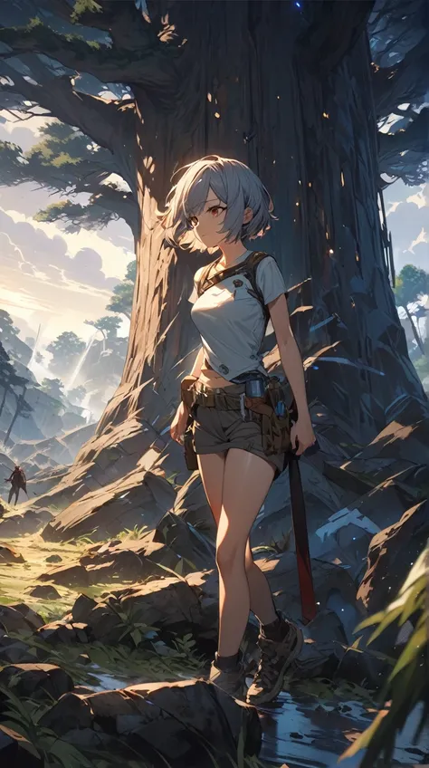 One Girl、Brave look、Sharp Eye、Short Hair、Adventurer&#39;s Outfit、 Standing on a large tree separating day and night、Large Breasts、 Confident Atmosphere 、  
   break、  
   Stormy Sky 、(Strong light:1.1)、 Strongly Contrasting Colors 、 Tense Atmosphere 、  
  ...