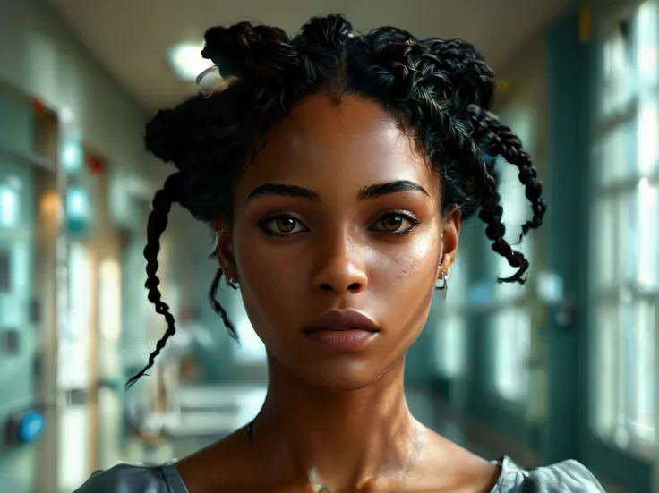 a beautiful black woman, 30 years old, with brown eyes and black cornrows hair, wearing a grey dress, standing inside a hospital, (best quality,4k,8k,highres,masterpiece:1.2),ultra-detailed,(realistic,photorealistic,photo-realistic:1.37),intricate details,...