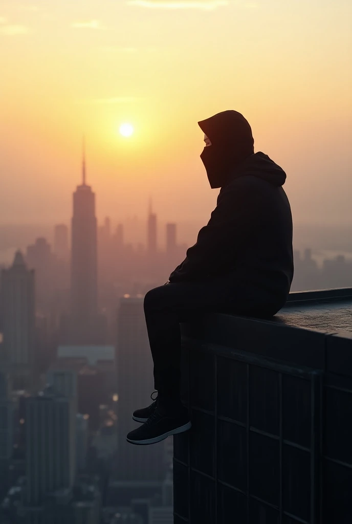  wearing a black medical mask at dawn where he is in a tall city building and sitting in the edge looking at the sun 
