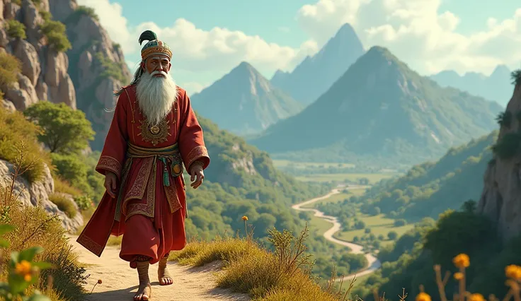 Generate 3d animated image of Indian folk king with white beard walking towards a hill trecking 