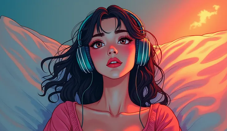 Image of the lyrics below「Woke up today with clouds in my head
Darkness whispers dont get out of bed
But I wont give in to this gloomy friend
Gonna chase the light till the very end」 lofi, 90s、Woman listening to music with headphones、Manga illustration、Pul...