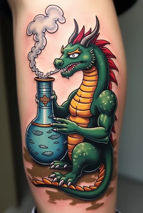 Tattoo, A dragon from the cartoon Dragon Ball ,  that smokes a large bong type water pipe 