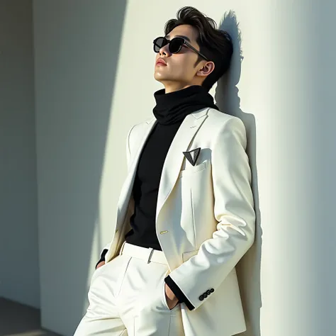 Here’s the detailed prompt:

"A young Korean K-pop male artist leaning his back against a wall, exuding cool confidence. He’s wearing sleek black sunglasses, a sharp white suit, and a stylish scarf draped around his neck. His posture is relaxed, with his h...