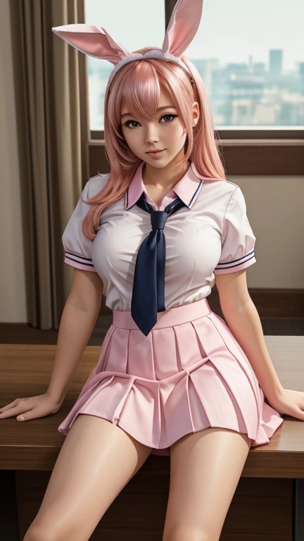 close up, (cute and sexy girl,pink hair,bunny girl:1.1,ultra-realistic,best quality,4k,highres,masterpiece:1.2),detailed lighting,anime, blue school uniform and blue pleated skirt, school background blurred,    lying on her side, propped up slightly on one...