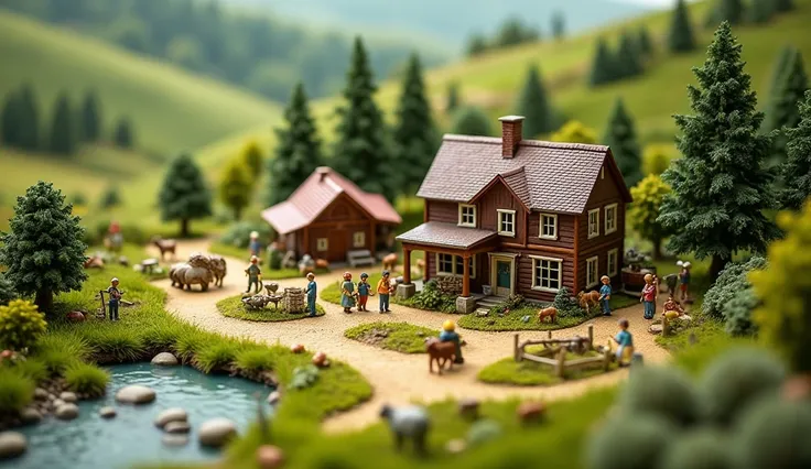 diorama, miniature model of a small and cozy farm with people and animals. impressive nature.