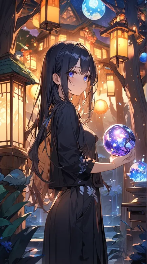 One Girl、 expressions standing on the border between day and night 、Curious eyes、 Long Straight Hair 、Nature decoration、 holding glowing orbs on both hands 、Small breasts、  
   break、  
   Shining Light、( contrast between day and night :1.2)、 Vivid Hues 、D...