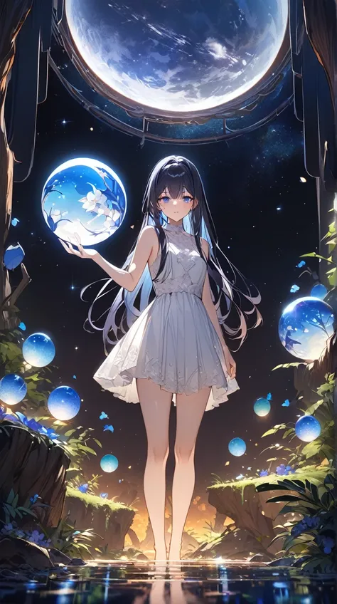 One Girl、 expressions standing on the border between day and night 、Curious eyes、 Long Straight Hair 、Nature decoration、 holding glowing orbs on both hands 、Small breasts、  
   break、  
   Shining Light、( contrast between day and night :1.2)、 Vivid Hues 、D...