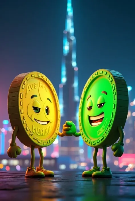 Create two coin emojis with hands,legs and face and both coin emoji shaking right hand with each other and both are standing on Burj-ul-khalifa.One emoji with golden color and second one is green color. AVACOIN written on golden emoji. And BUMP written on ...