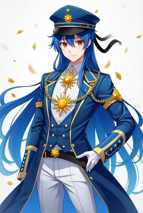 The anime of a young man with sharp red eyes represents long indigo hair tied to a black ribbon decorated with a decoration in the form of a sun falling on his right hand,Fair skin and wearing all the imaginary blue and yellow clothes. Idol consists of a j...