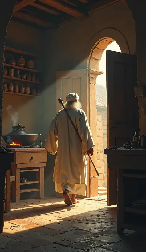 "Syekh Abdul Qadir Al-Jaelani, an elderly man with a long white beard and wearing a simple white robe and turban, is seen walking away from a modest, dimly lit kitchen. His figure exudes calm and wisdom as he holds a wooden staff in one hand, his back turn...