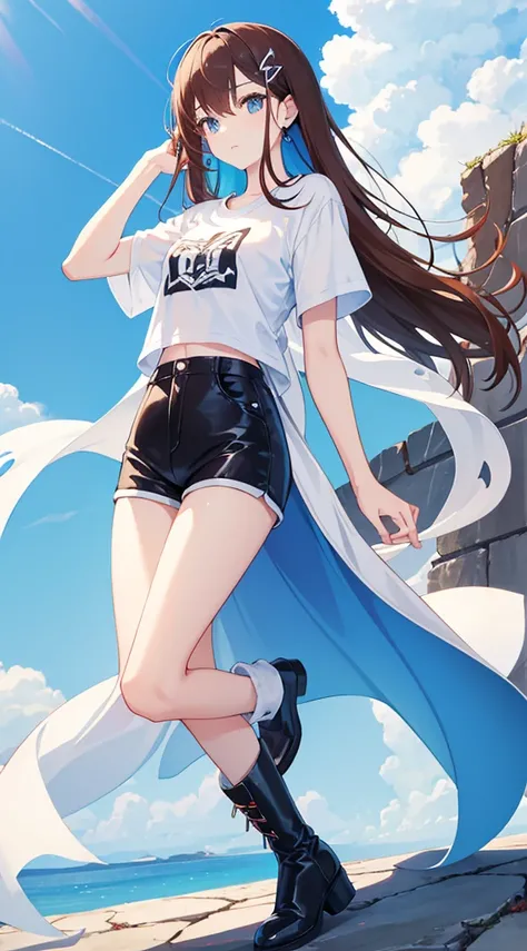 whole body,Cool beautiful girl,Slim figure、 SOFT WHITE COAT,Sky Blue T-Shirt、Black hot pants,Leather boots、Cool Summer,Slightly pale skin,Bright brown eyes,Red brown hair color(Semi-D), hairpin