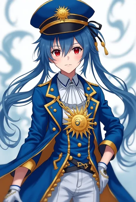 The anime of a young man with sharp red eyes represents long indigo hair tied to a black ribbon decorated with a decoration in the form of a sun falling on his right hand,Fair skin and wearing all the imaginary blue and yellow clothes. Idol consists of a j...