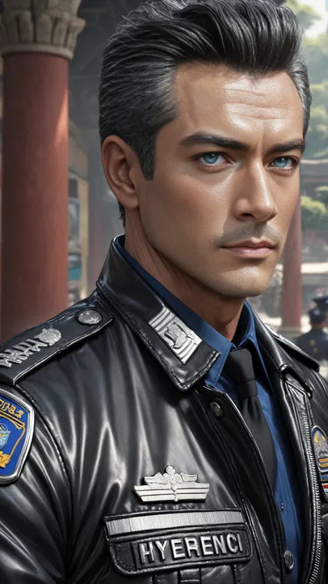 1man, handsome, american-european face, american-european person, middle-aged man, 61 year old, quiff sides and tape hairstyle, black hair with graying temple edges, blue eyes, prominent muscular body, Indonesian grey policeman uniform paired in black leat...