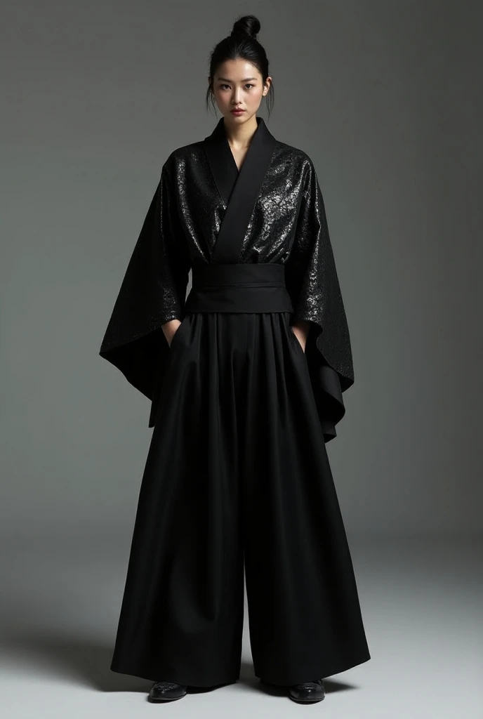 Wide leg hakama black pants with reflective design