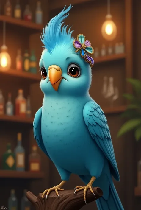 solo, a 1920s flapper style. There was a arrogant female blue budgerigar in the tree, blue Franz Schubert hairstyle. decorative hair accessory, (hippie style:1.1), Victorian-style sleeveless outfit. bar background.Its 2D webtoon style.