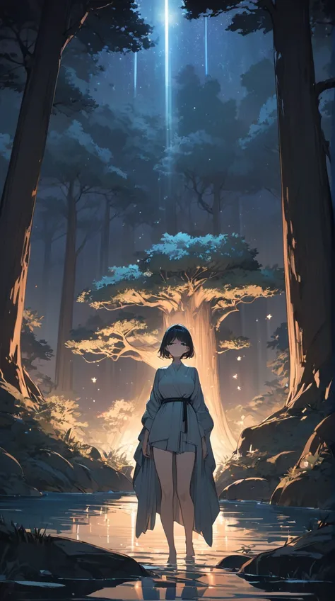 One Girl、 expression enjoying the silence of the night 、Deep Eyes、Short Hair、 elegant robe 、 standing under a large tree at night、Large Breasts、 star-looking posture 、  
   break、  
   moonlight、(Mysterious Light:1.3)、 pale color 、Soft Shadows、 quiet atmos...