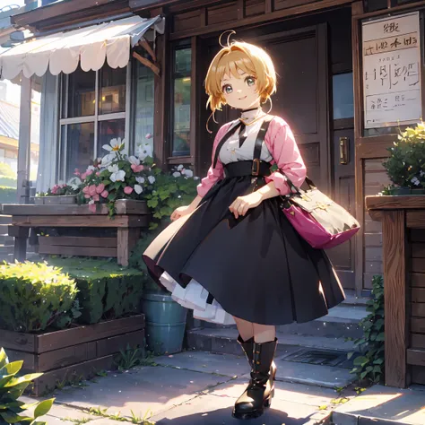 Beautiful girl with big breasts 、とてもcute天使、  Pink Gothic Dress  、cute、baby face、smile、  Long Skirt、Black long boots、