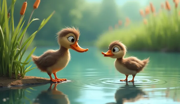  Scene where the ugly duck comes to the edge of the lake and sees its own reflection as it looks at the water. A duck looking at the water in curiosity . (Draw in animation style but realistically)