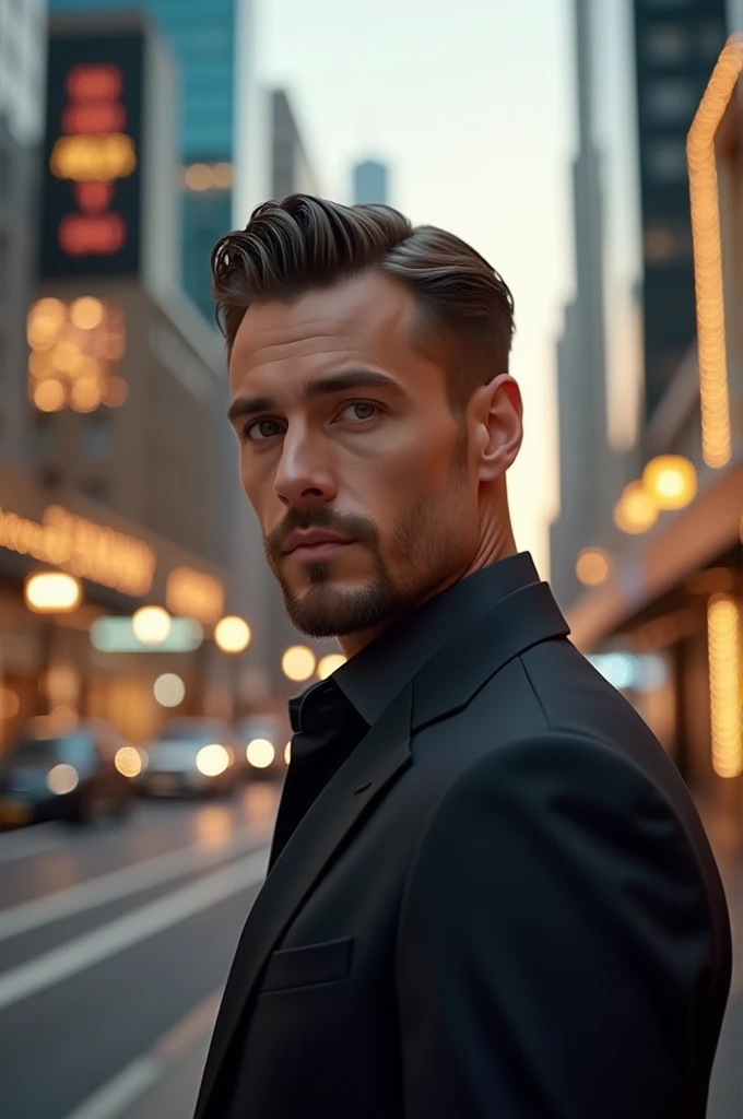 Create a handsome man with a goatee in the middle of a luxurious city