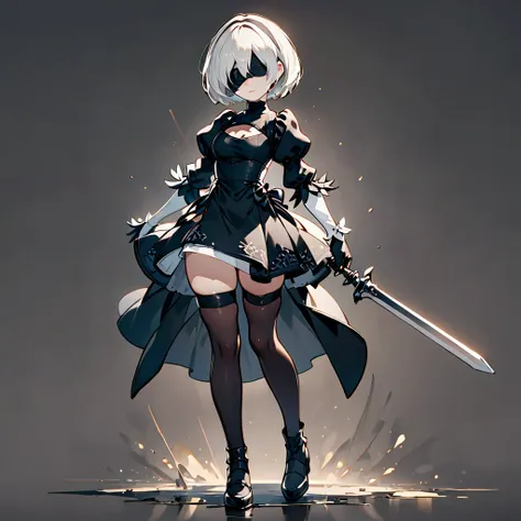 2b, nier:automata, solo, full body, standing posture, simple background