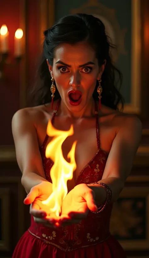 A very clear ultra HD dynamic image of  The courtesan looking shocked and handing over fire.
भावना: डर