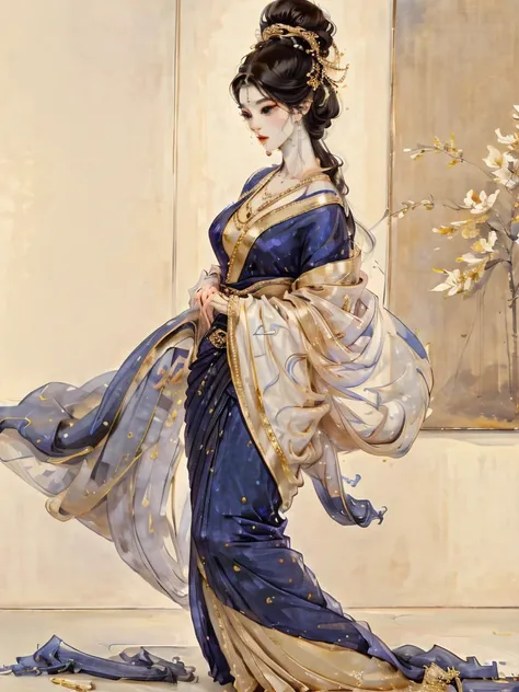 A stylized realistic illustration, best quality, full body portrait in the style of James Gurney, showcasing an elegant Indian woman with (warm brown skin:1.2), (kind eyes:1.2), and (sleek black hair:1.3) styled in a classic bun. She wears a (sapphire blue...