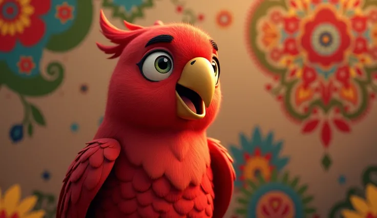 Generate 3d animated image of Indian folk red parrot talking