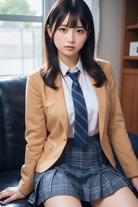 (8k, RAW Photos,Best Quality,  High Resolution :1.1), (超Realisticな:1.4),(Realistic, Realistic:1.3),Japanese beauty 1 girl, Alone, necktie, spread legs, skirt, sitting, school uniform, looking at viewer, plaid, presenting, brown eyes, jacket, socks, striped...