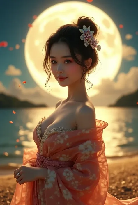 Seaside field 、Full moon night、6.4、The light-type moonlight is fantastic、 For some reason, petals and gold powder are mixed and scattered a lot、Wear a floral kimono and open your chest in a V shape for an attractive look、 she has very soft and taut breasts...