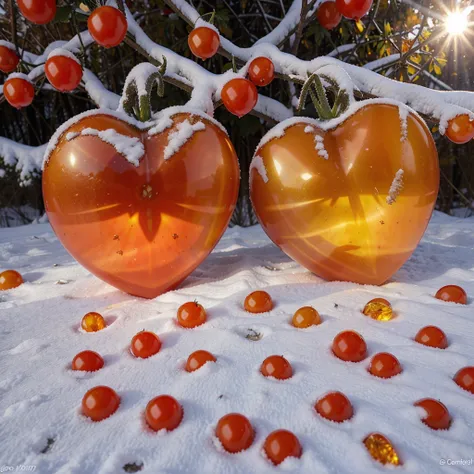 A translucent amber heart-shaped tomato fruit covered with a frosty pattern against the background of a sun-drenched snowy forest