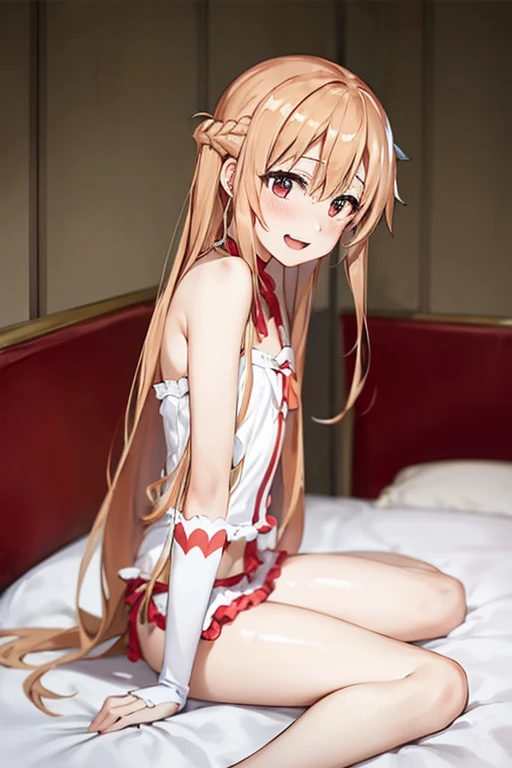 ((Best Quality)), ((masterpiece)), (be familiar with),  perfect face, indoor, bedroom, Watching the audience,
One woman, Yuuki Asuna,
Open Mouth, Ecstatic expression, blush, smile,
Small breasts,  flat chest, , , child, Girl,
Long Hair, Long Hair,
Leg spre...