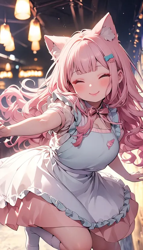  1 girl(:d, > <,Blue eyeshadow,cute, plump, Long Hair,Pastel light pink hair,Wavy Hair,Hair floating, Pale skin, pink cheeks,Pink Lips,bangs, cat ears, dress(short,Pastel Pink,  ta fashion , 開いたchestの谷間 ), White Apron ,chest, Blurry foreground , , Bokeh, E...