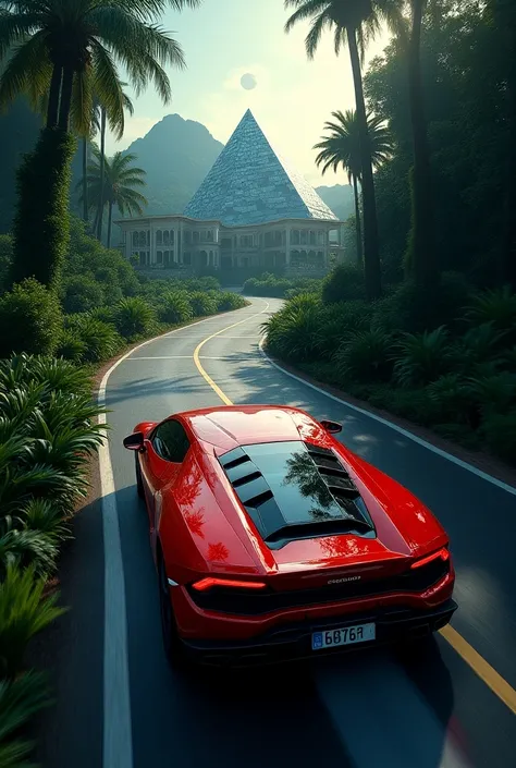  Create an image seen from above , Red Lamborghini ,   on the road heading towards a Huge Mansion surrounded by a Crystal Pyramid.  In the middle of the jungle and under the full moon  