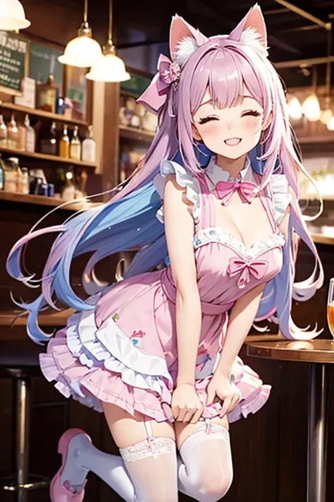  1 girl(:d, > <,Blue eyeshadow,cute, plump, Long Hair,Pastel light pink hair,Wavy Hair,Hair floating, Pale skin, pink cheeks,Pink Lips,bangs, cat ears, dress(short,Pastel Pink,  ta fashion , 開いたchestの谷間 ), White Apron ,chest, Blurry foreground , , Bokeh, E...