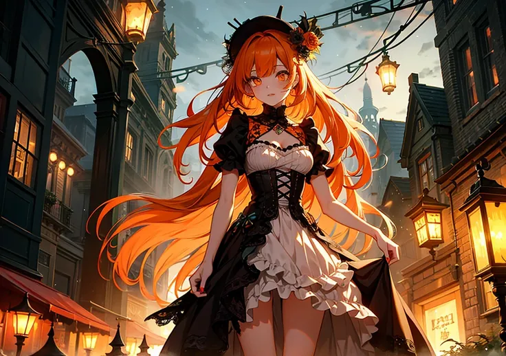 A cute zombie girl with fluffy orange hair and big, sparkling eyes, wearing an elegant, tattered gown with intricate details. She stands confidently in a spooky, cobblestone street, with haunted Victorian architecture and glowing lanterns illuminating the ...