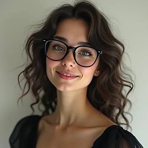 A girl with curly hair, loose, long black eyes, fair skin wears glasses and is wearing a black dress. 
And to be smiling 