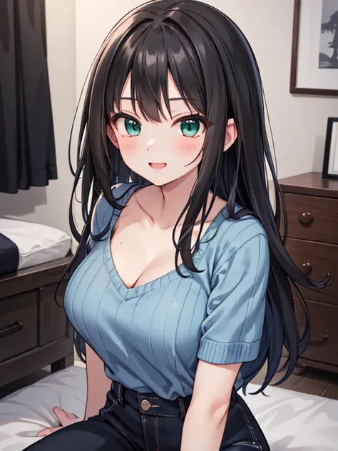 Rin Shibuya、1 girl,  mature woman, green eyes、Long black hair、 casual attire、Blue Sweater、Long trousers、Smiling Kindly、bow, Best Quality, hire, Detailed face, 、 Home bedroom、  Detailed Background,  depth of boundary described, Bokeh,Large Breasts、 black lo...