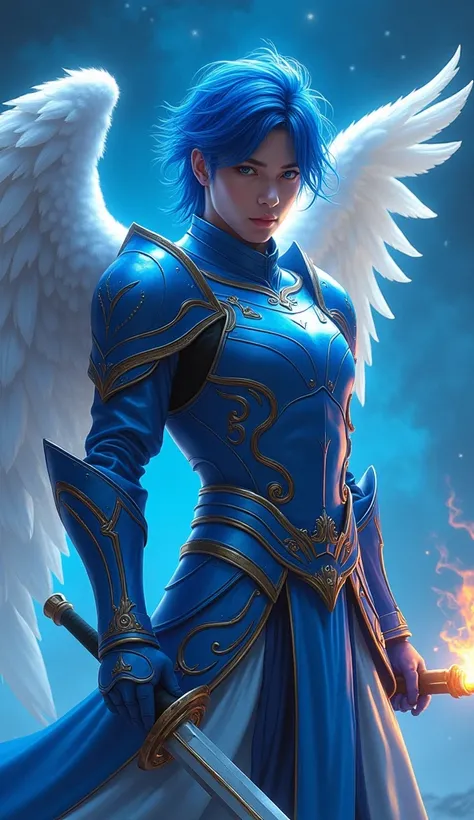 masterpiece, best quality, realistic, ultra detailed, sexy, homoerotic, dungeons and dragons, character design, baby-faced chinito filipino, stylish blue hair, white angel wings, blue ocean celestial heavy armor, dramatic heroic pose with flaming sword, am...