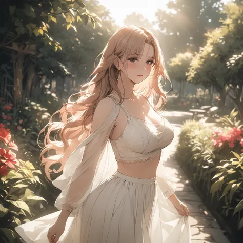 a beautiful woman wearing a high-waisted skirt and a crop top, detailed facial features, long hair, flawless skin, elegant pose, sunlit garden background, ethereal lighting, muted colors, cinematic composition, masterpiece, 8k, extremely detailed, perfect ...