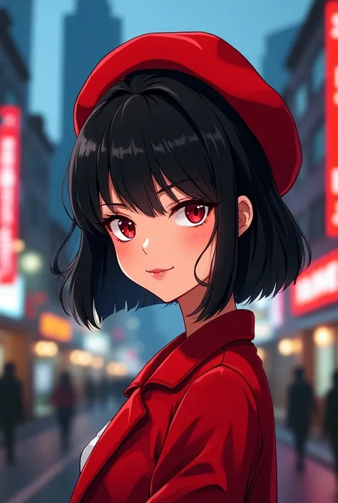  black hime cut, red eyes,  red beret , city, Smiling, 90s 