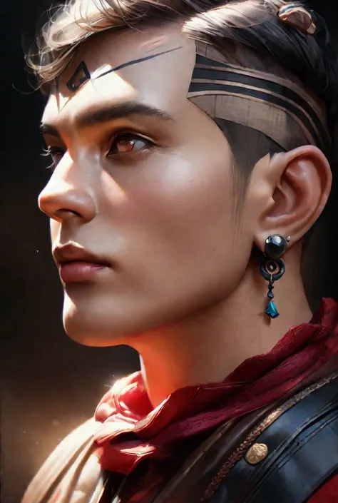 a young man with a lean but muscular, inverted-triangular-shaped body and slightly slimmed waist, broad shoulders, fair skin, black hair with an undercut and curtain bangs, some strands dyed red, snug, helix and lobe piercing on his left ear and low helix ...