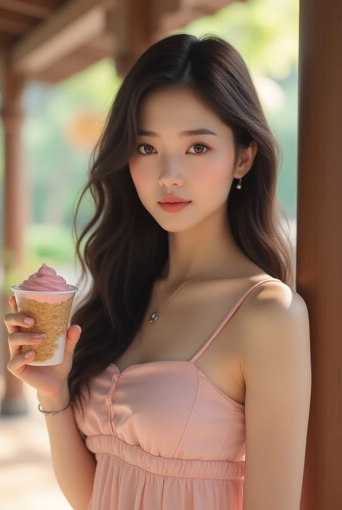 A beautiful woman with smooth, glowing skin and long, wavy dark hair. She has expressive, almond- shaped eyes, medium brown in color, framed by thick, well-defined eyebrows. Her lips are full and naturally shaped with a soft, pink hue. Her facial features ...