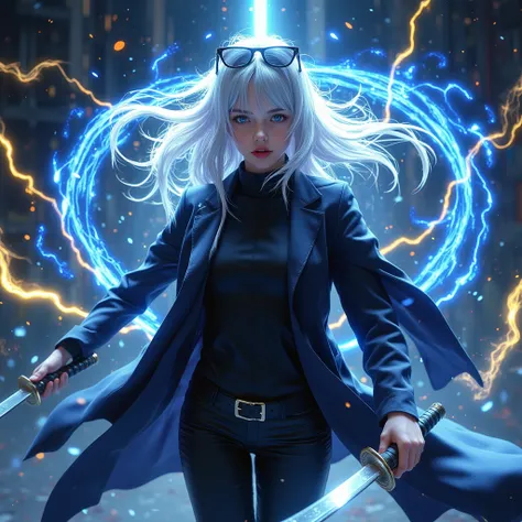 Anime drawing , 1 woman, Dark tone,  Pure White Hair,  red lips , Blue eyes, Sunglasses on my hair,  black clothes , Long blazer , Have a sword,  battojutsu, Full body ,  dynamic movement , spell,  Dynamic,  yellow lightning ,  blue water stream circulatin...