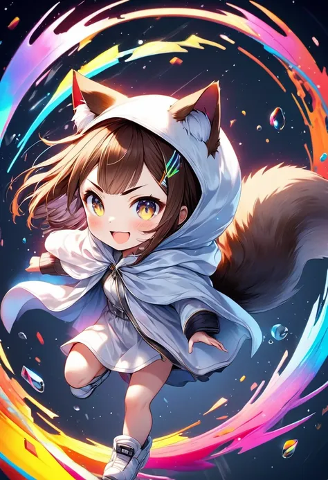 conceptual installation art with bright and colorful random colors, chibi, cute cat-girl beast, with brown fur, round eyebrows, cat ears, a tail, and wearing a white mercenary cloak, smiling jumping running, various effects, BREAK background neon-colored c...